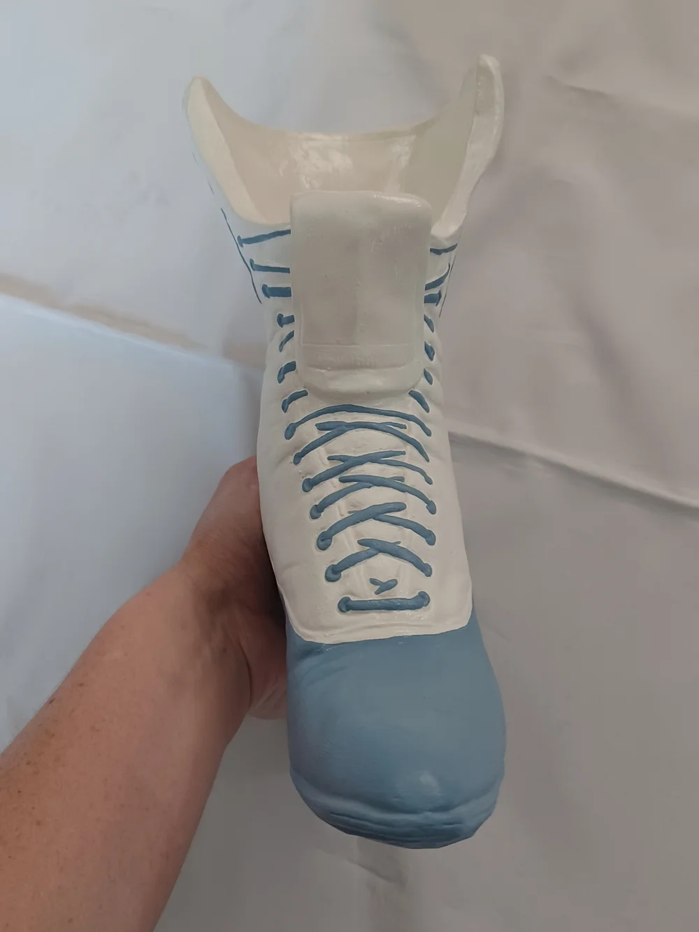 Large Blue White Victorian Lace Up Heeled Boot Shoe Ceramic Planter Vase Vintage